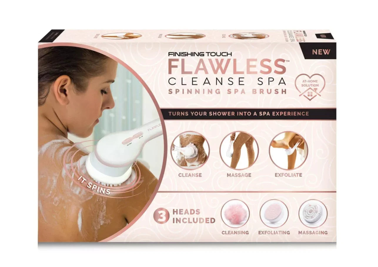 Flawless Cleanse Spa Shower Wand - Cordless Spinning Bath Brush + 3 Heads