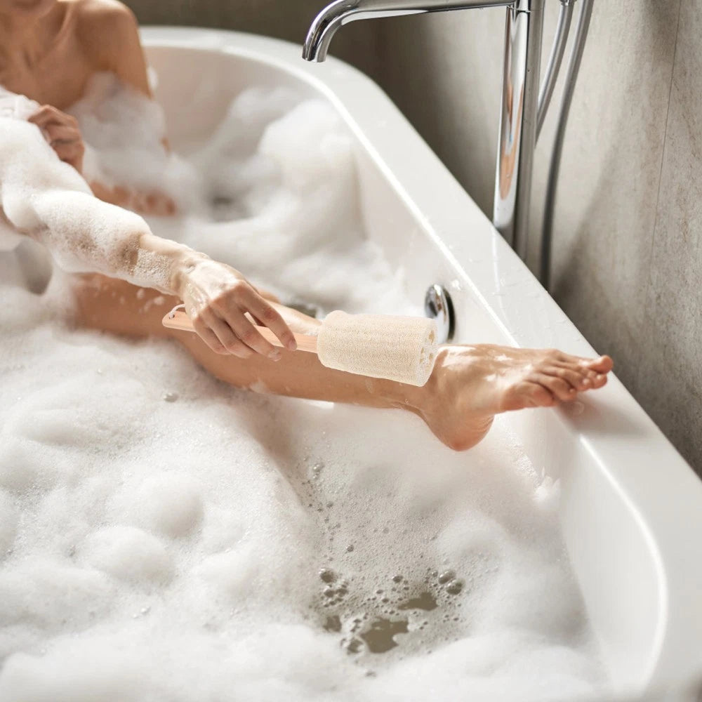 Loofah Bath Brush with Wooden Handle for Exfoliating Skin