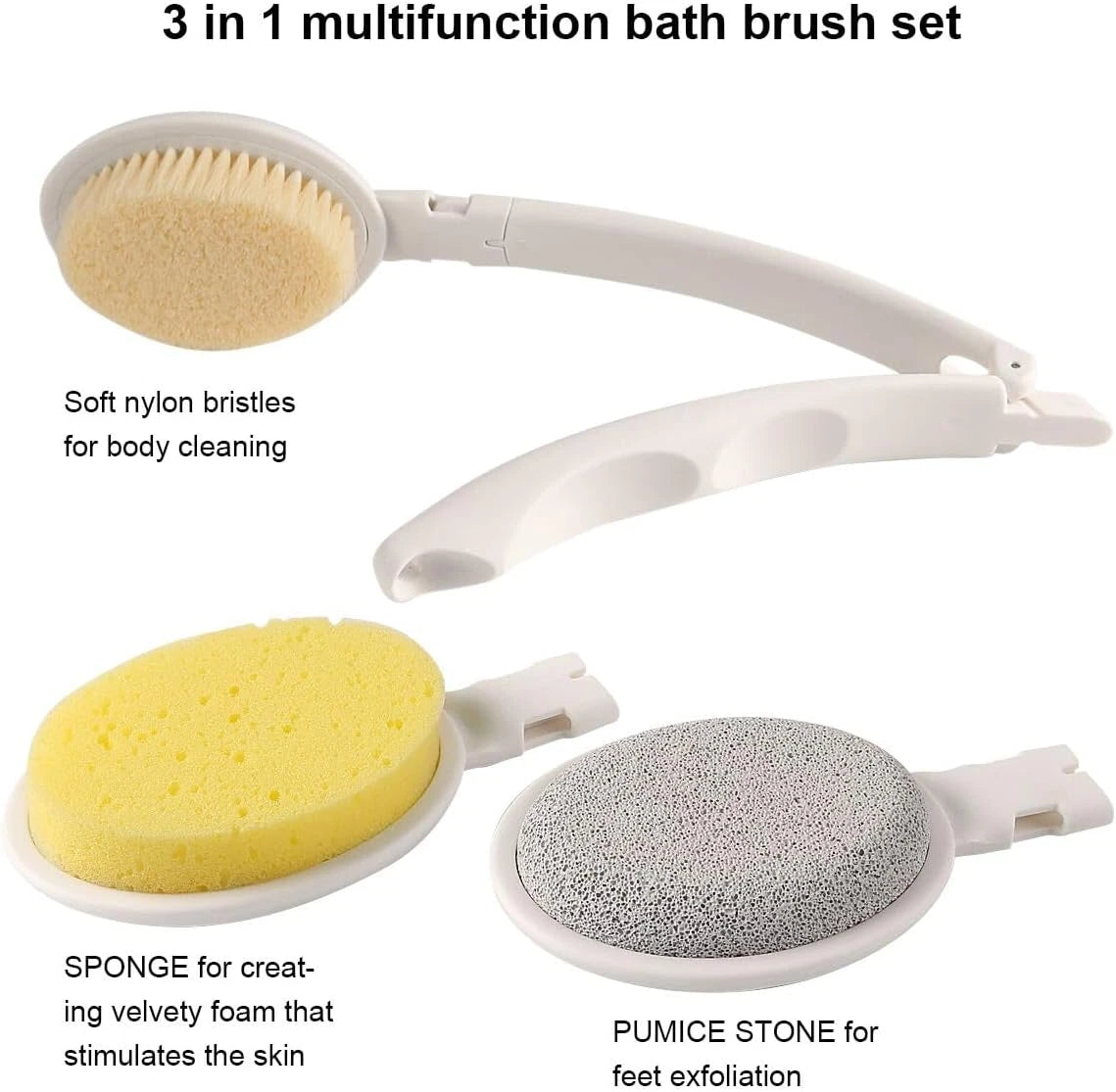 LFJ 19" Long Handle Shower Sponge Brush Set, 3 in 1 Body Brush, Bath Sponge and
