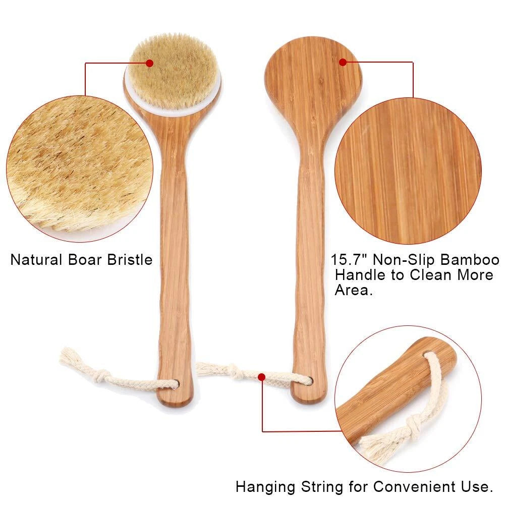 Brush Long Handle Shower Bath Body With Natural Bristle - Bamboo For Wet Or Dry