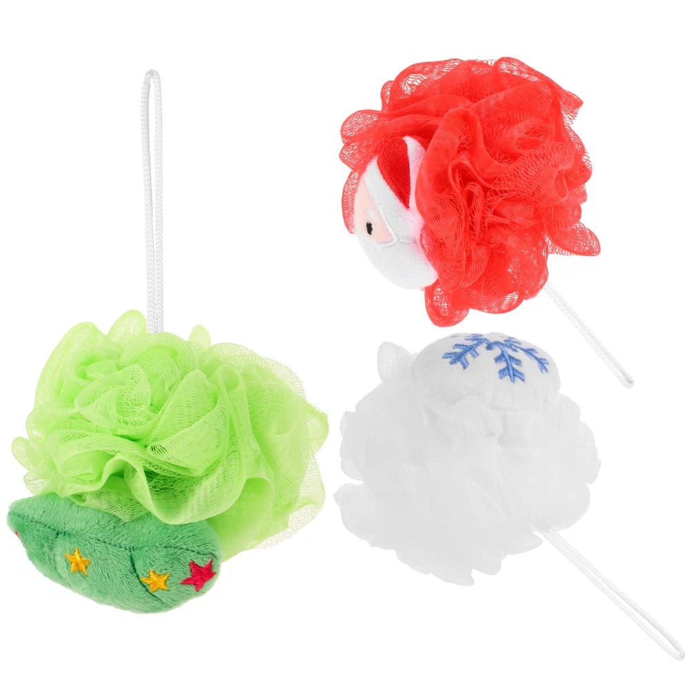3 Pcs Christmas Bath Ball Doll Toddler Cute Loofah Shower Cleaner Brush