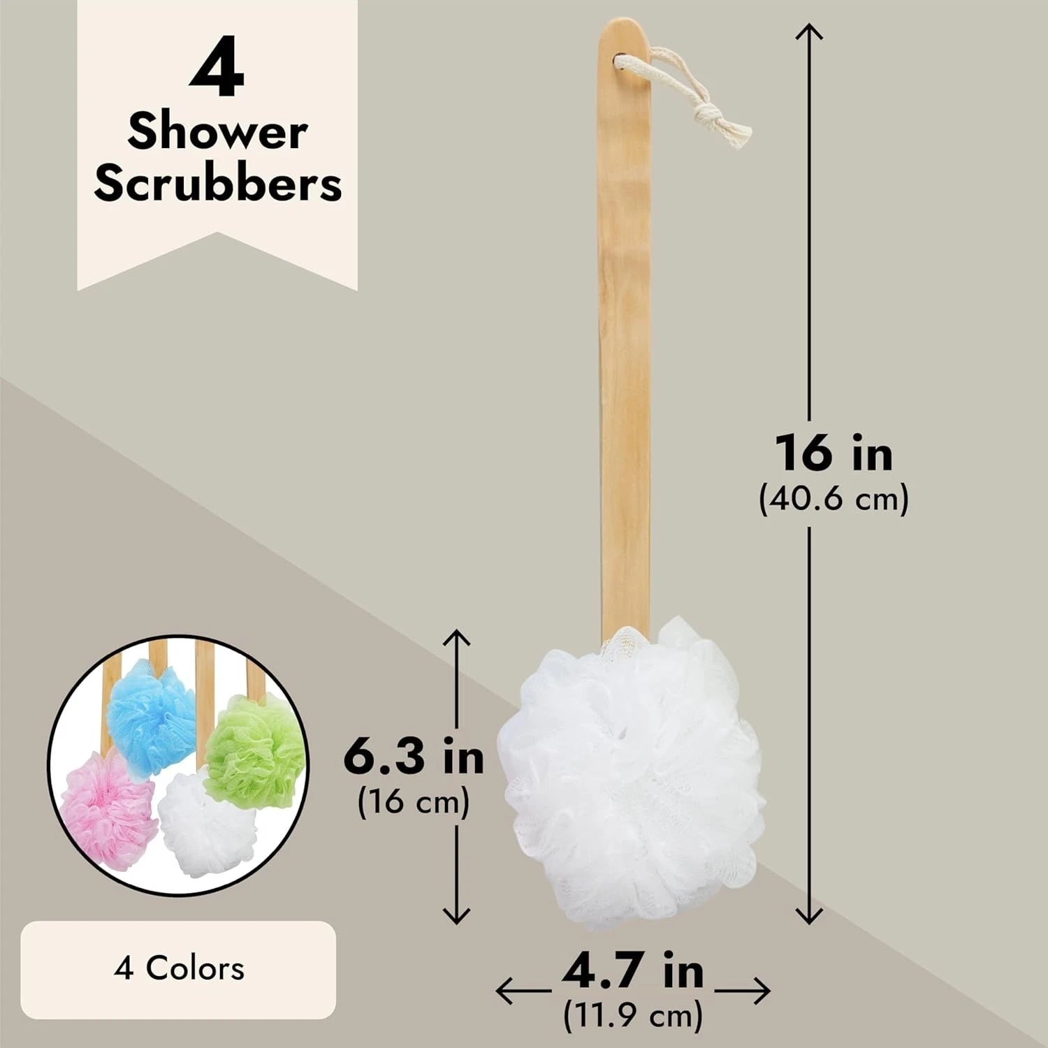 Gentle Bath Scrubber Set - 4 Colorful Loofahs with 16-Inch Handle for Showers