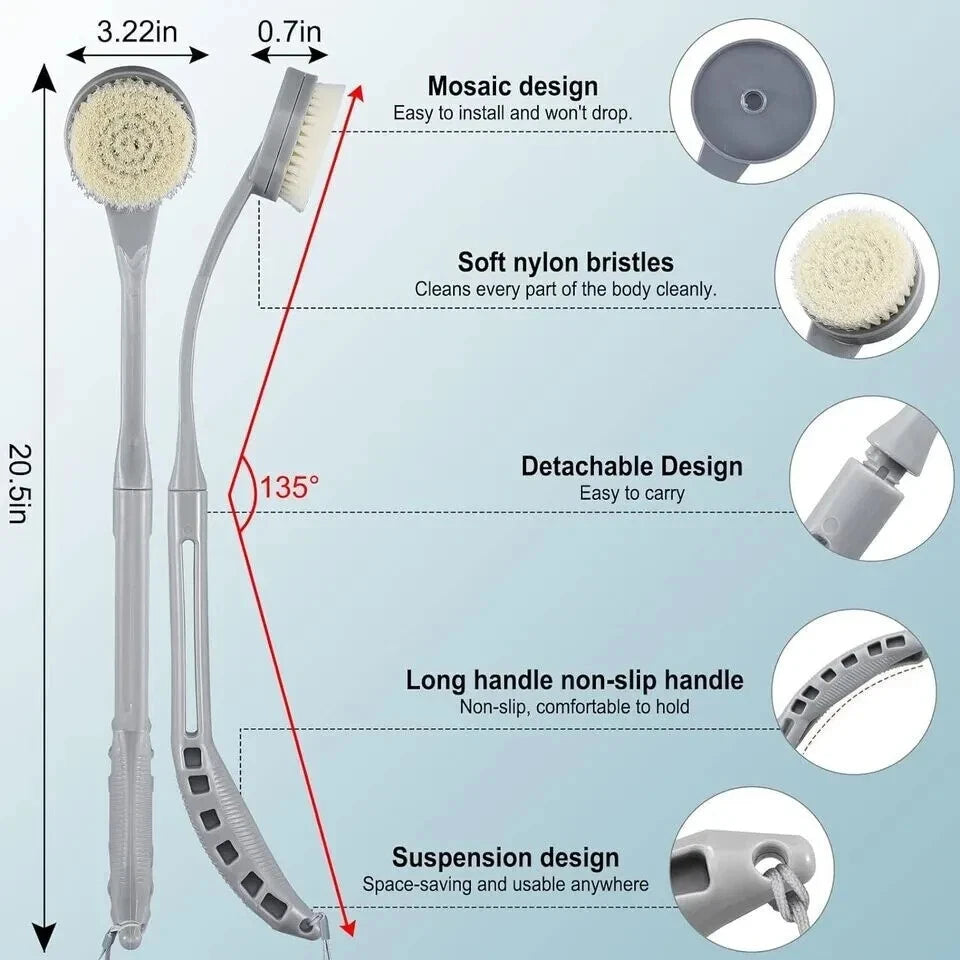 Back Brush Long Handle for Shower 20.5 Back Bath Brush Gray Soft Bristles NEW