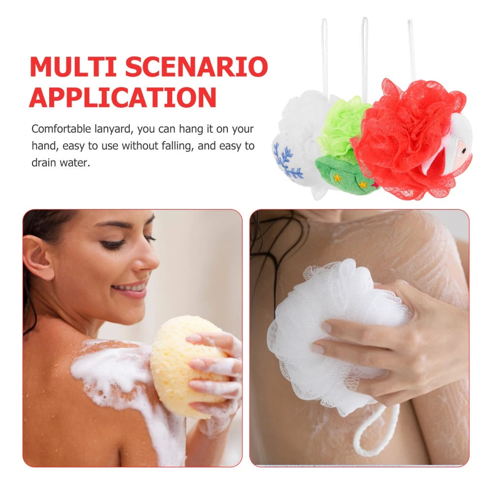 3 Pcs Christmas Bath Ball Doll Toddler Cute Loofah Shower Cleaner Brush