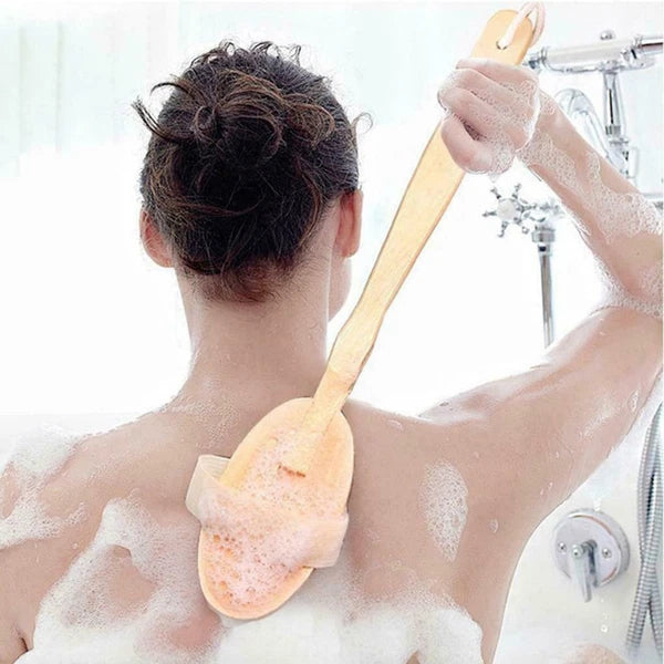 1x Natural Boar Bristle Long Wooden Handle Bath Dry Skin Massage Scrubber