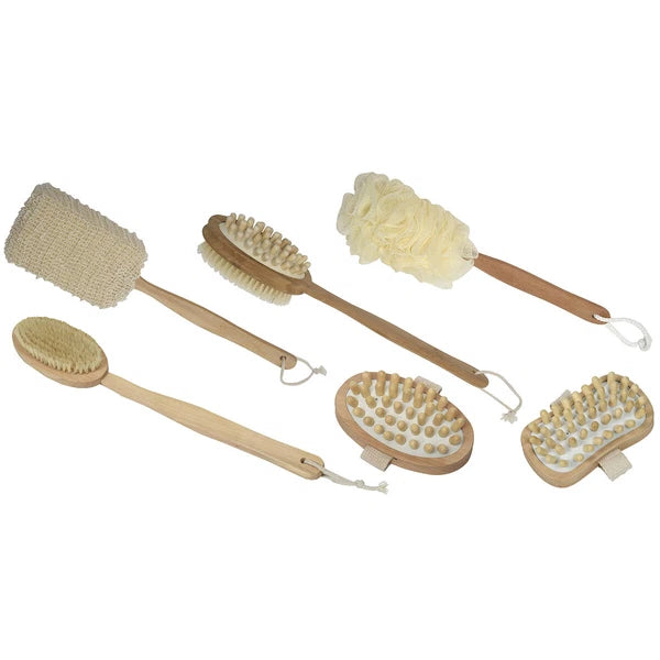 Spa Wellness Natural Wood Handheld Massager and Sponge Brushes