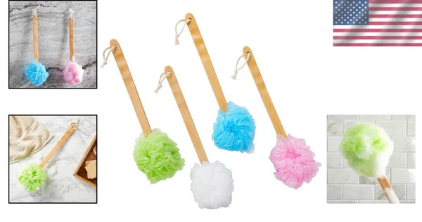 Gentle Bath Scrubber Set - 4 Colorful Loofahs with 16-Inch Handle for Showers