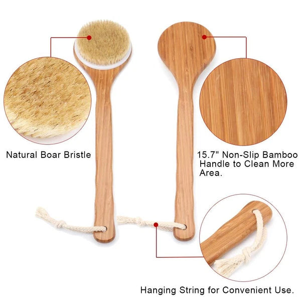 Brush Long Handle Shower Bath Body With Natural Bristle - Bamboo For Wet Or Dry