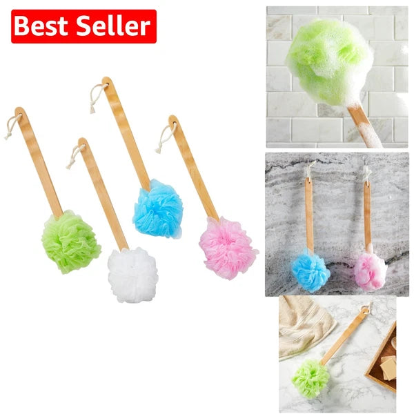 Gentle Bath Scrubber Set - 4 Colorful Loofahs with 16-Inch Handle for Showers
