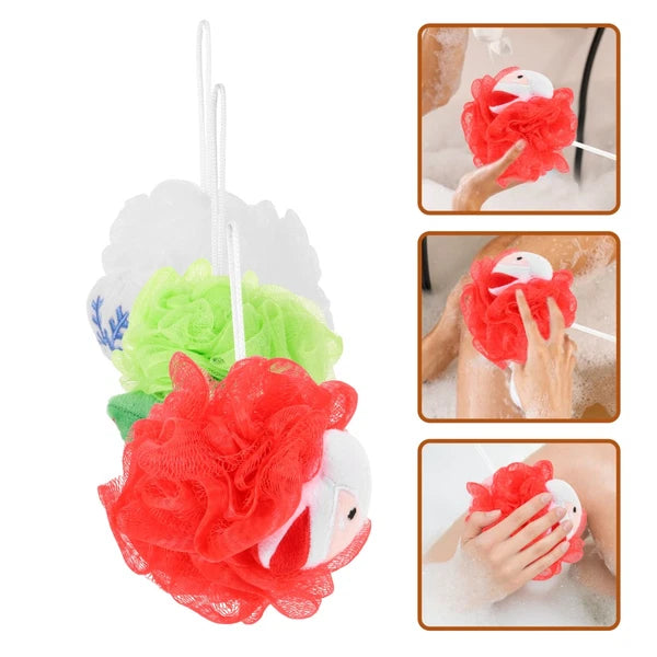 3 Pcs Christmas Bath Ball Doll Toddler Cute Loofah Shower Cleaner Brush