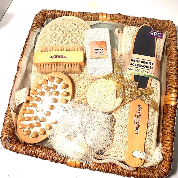 Essential Design 9 pc Luxury Bath Gift Set - Pumice Stone, Loofa, Scrub Brush