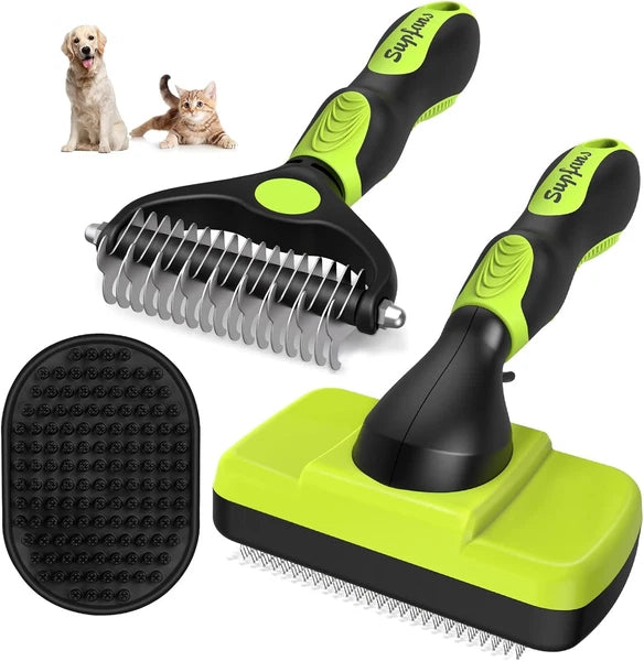 3PCS Dog Grooming Kit - Deshedding Brush, Slicker Brush, Bath Brush and Comb for