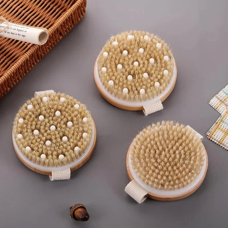 Handheld Portable Shower Brush – Natural Wooden Wet & Dry Body Bristle SPA Bath
