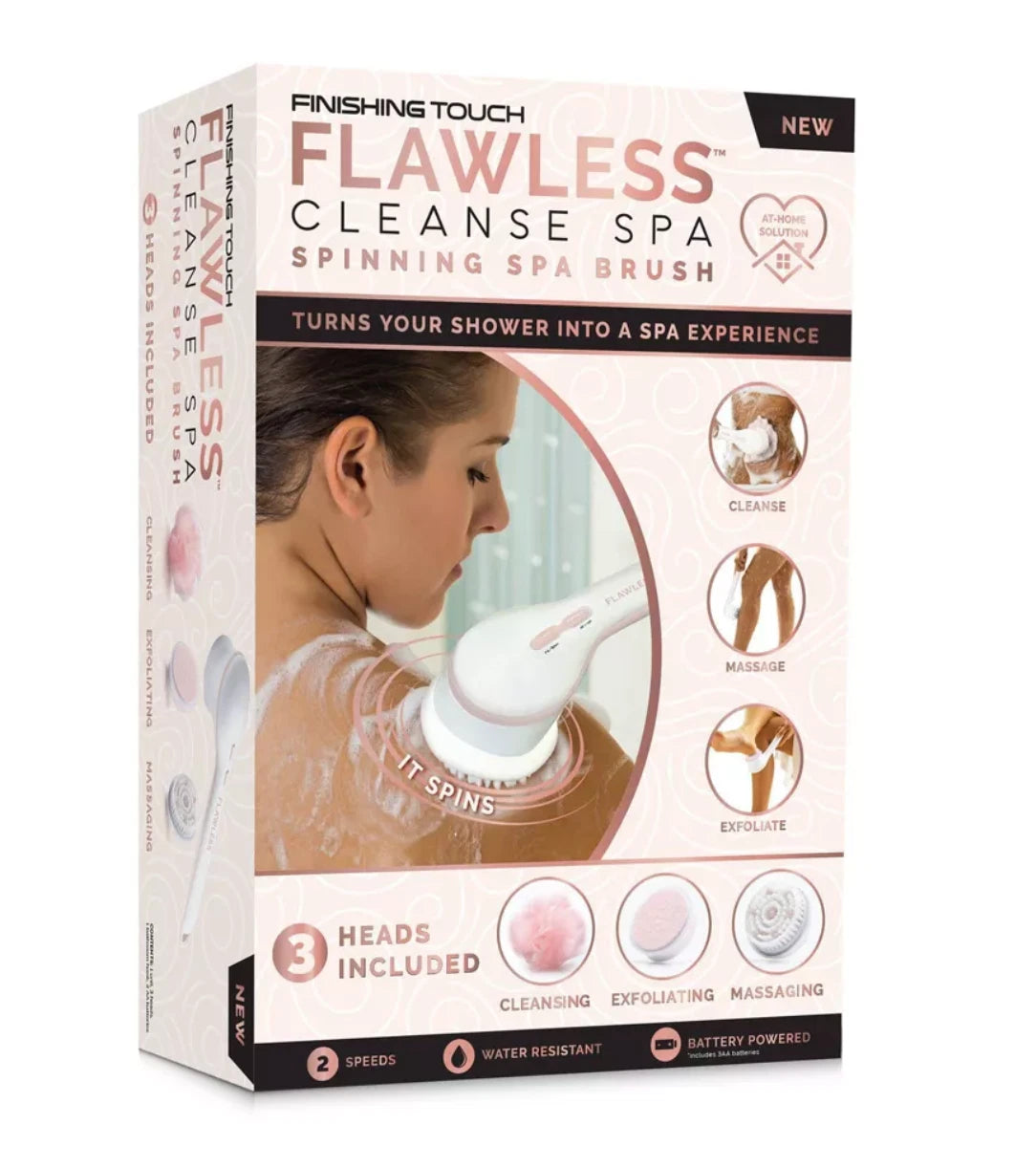 Flawless Cleanse Spa Shower Wand - Cordless Spinning Bath Brush + 3 Heads