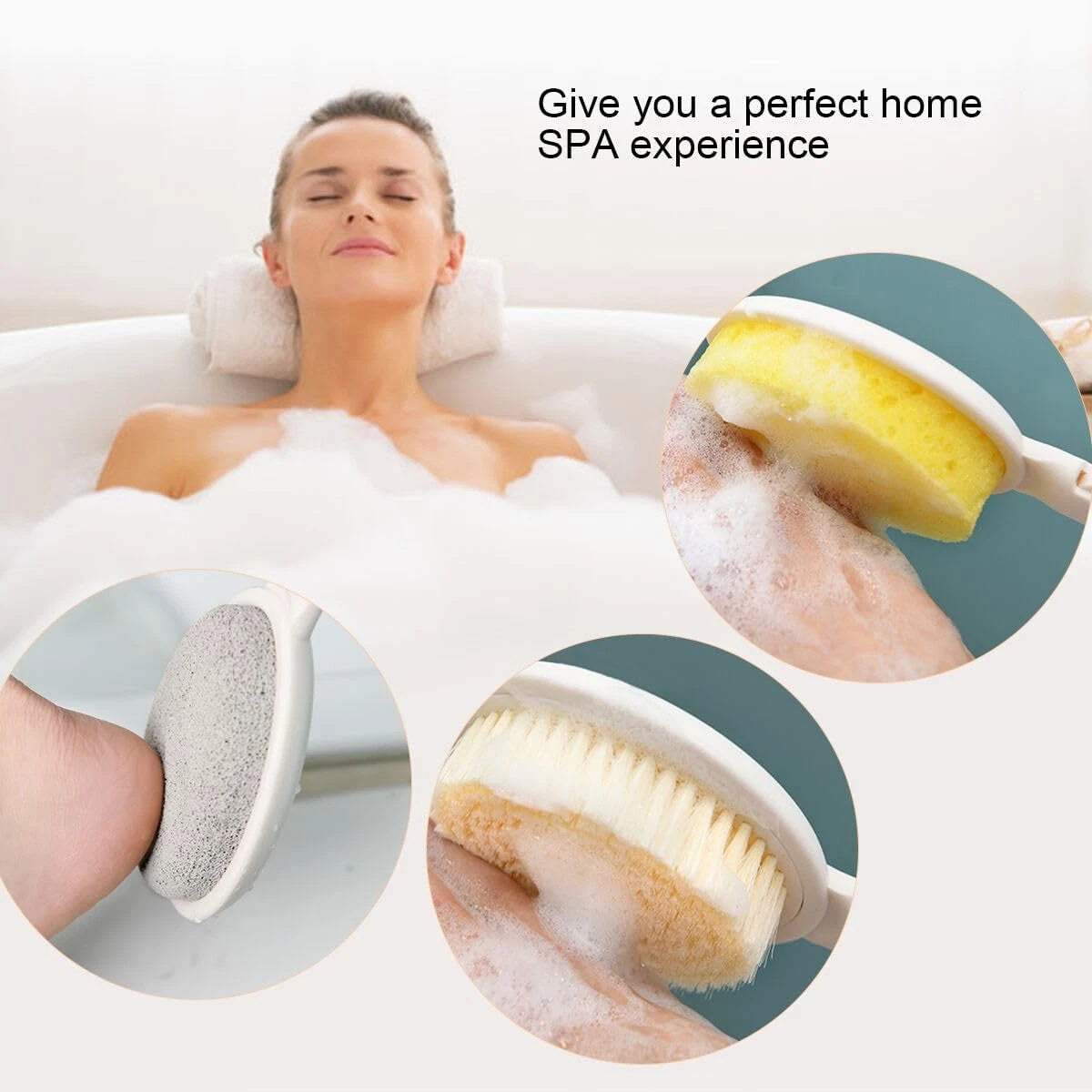 LFJ 19" Long Handle Shower Sponge Brush Set, 3 in 1 Body Brush, Bath Sponge and