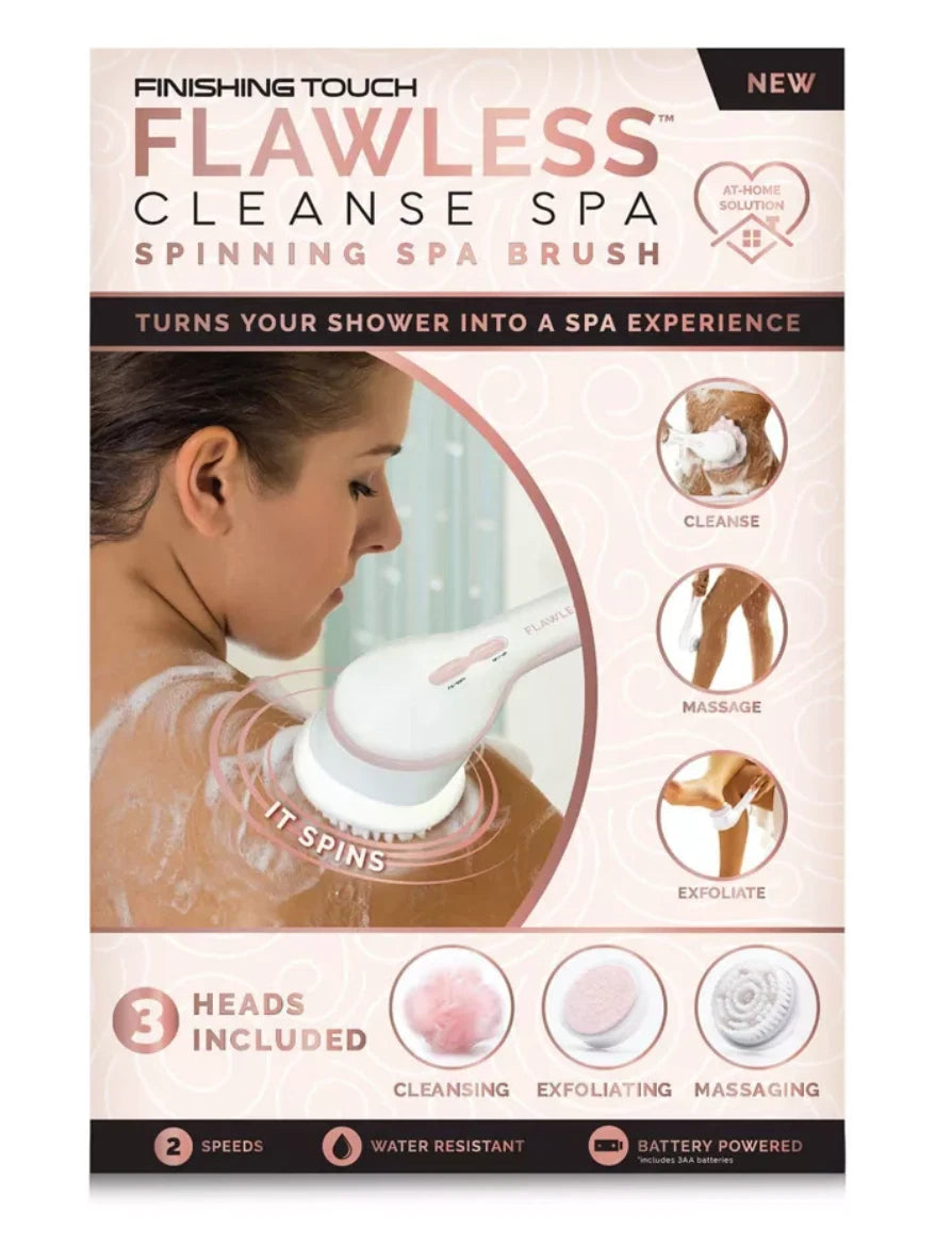 Flawless Cleanse Spa Shower Wand - Cordless Spinning Bath Brush + 3 Heads