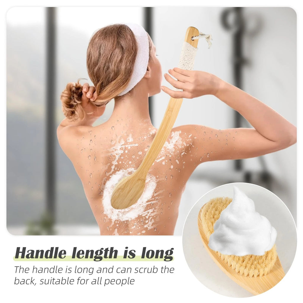 Bath Body Brush Shower 22" Super Long Curved Bamboo Handle Antiskid Back ...