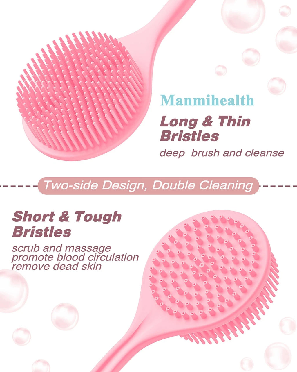 Manmihealth Silicone Back ScrubberThin Bristles & Soft Bath Brushes Set Super...