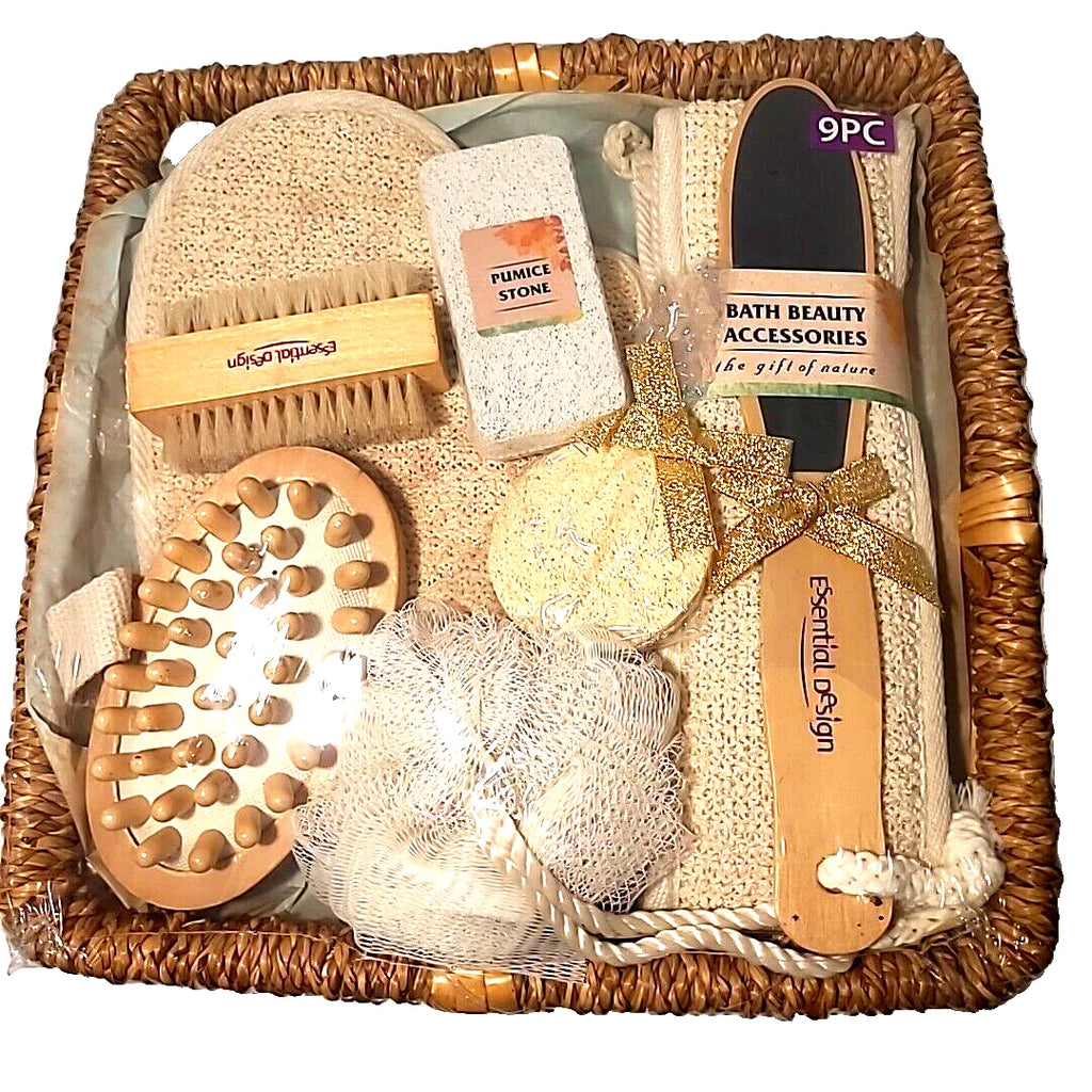 Essential Design 9 pc Luxury Bath Gift Set - Pumice Stone, Loofa, Scrub Brush