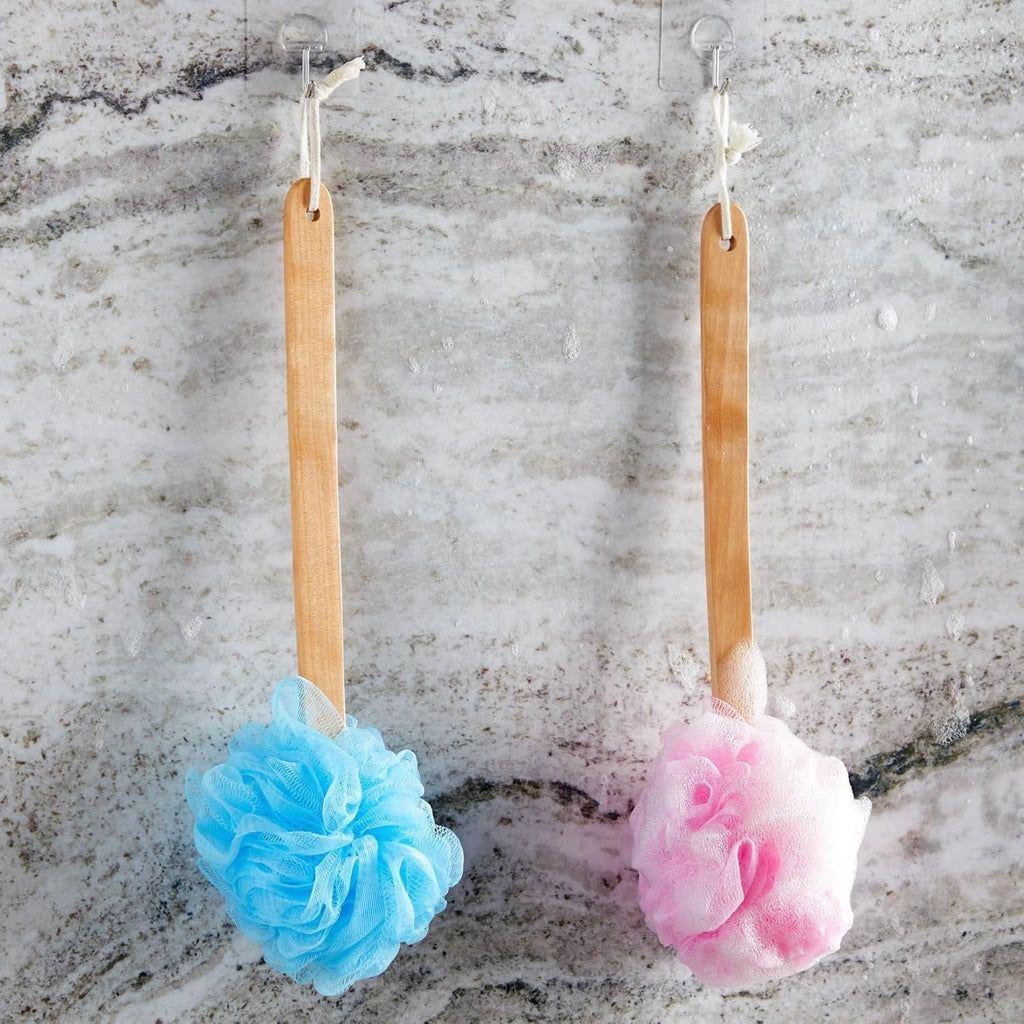 Gentle Bath Scrubber Set - 4 Colorful Loofahs with 16-Inch Handle for Showers