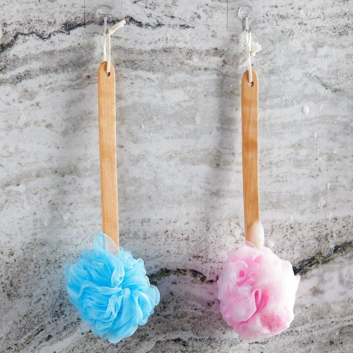 Gentle Bath Scrubber Set - 4 Colorful Loofahs with 16-Inch Handle for Showers