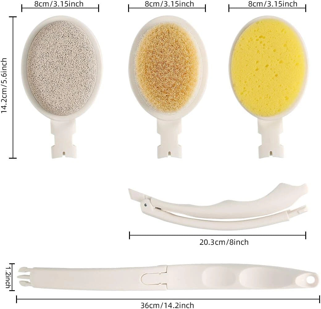 LFJ 19" Long Handle Shower Sponge Brush Set, 3 in 1 Body Brush, Bath Sponge and