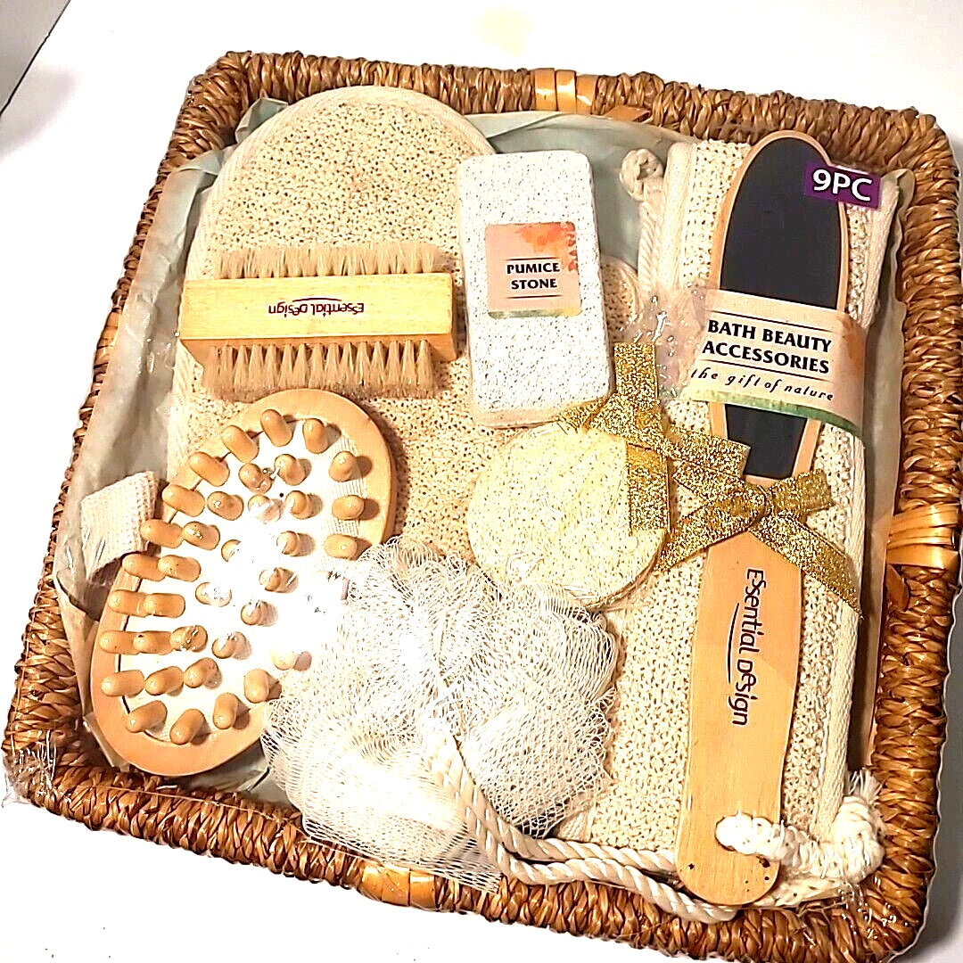 Essential Design 9 pc Luxury Bath Gift Set - Pumice Stone, Loofa, Scrub Brush