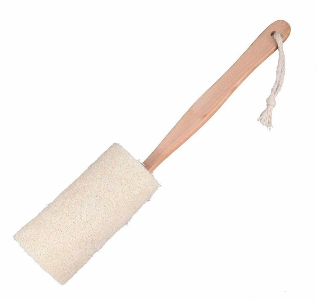 Natural Loofah Bath Brush with Long Wood Handle. Exfoliator. Spa Massager.