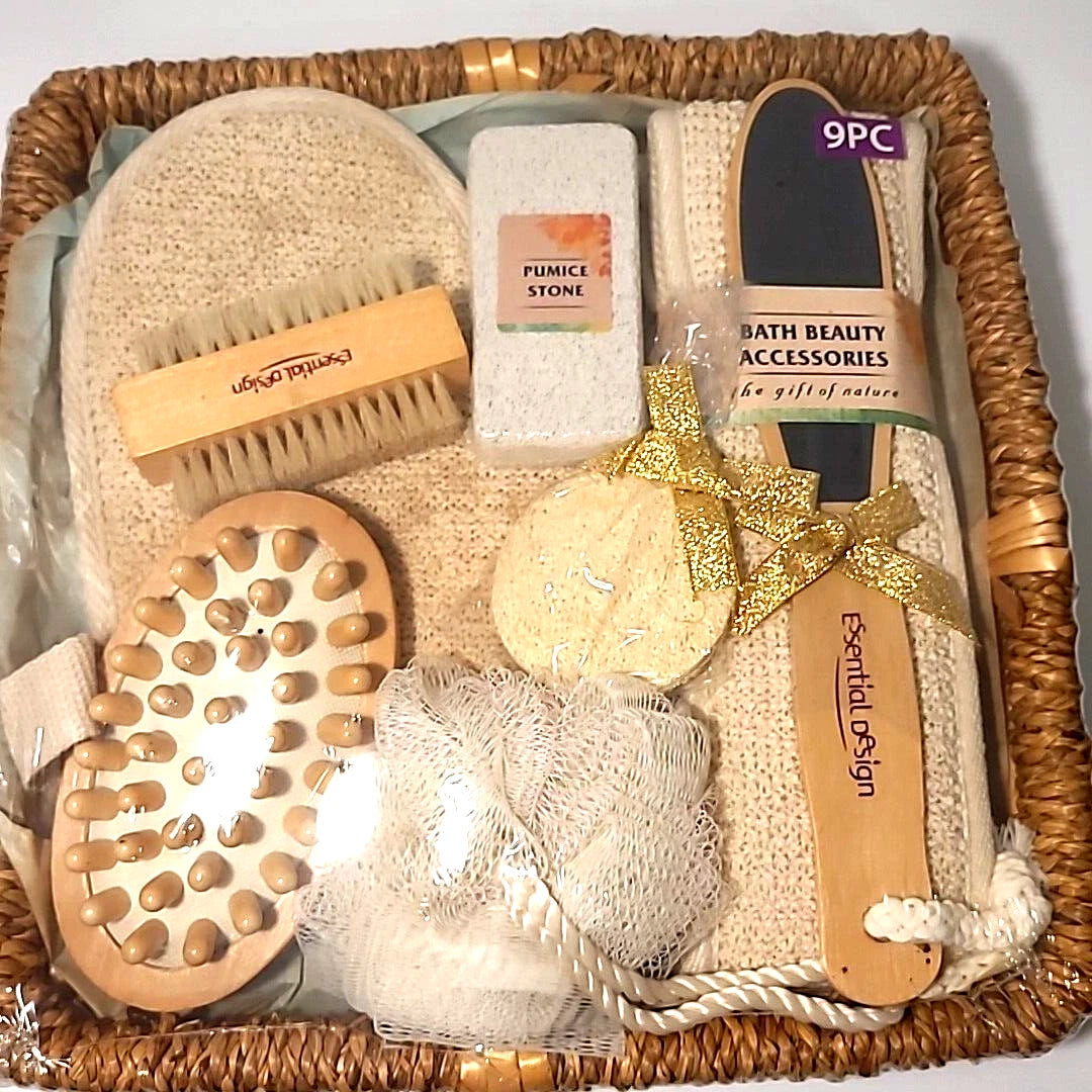 Essential Design 9 pc Luxury Bath Gift Set - Pumice Stone, Loofa, Scrub Brush