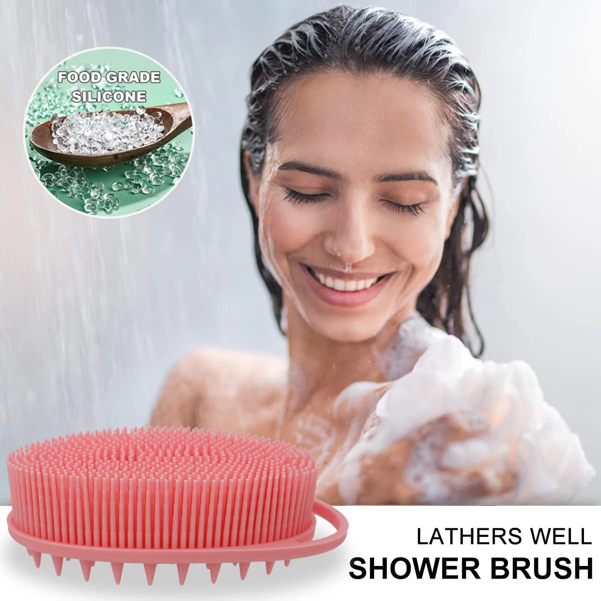 Premium 2-in-1 Silicone Bath and Shampoo Brush, Pink Exfoliating Scrubber