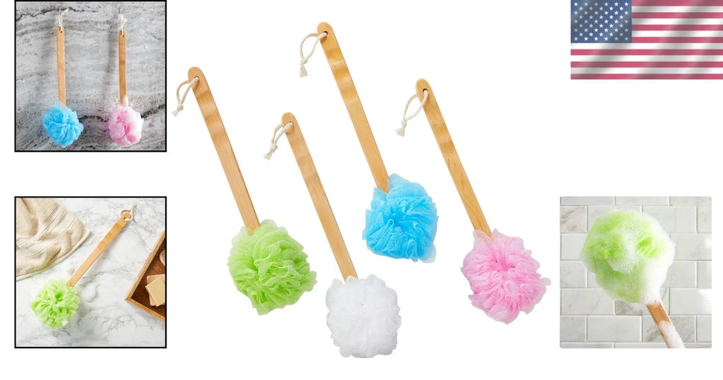 Gentle Bath Scrubber Set - 4 Colorful Loofahs with 16-Inch Handle for Showers