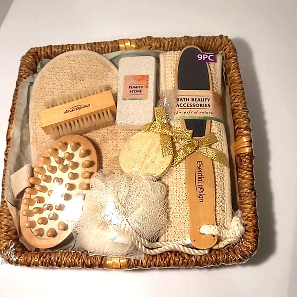 Essential Design 9 pc Luxury Bath Gift Set - Pumice Stone, Loofa, Scrub Brush