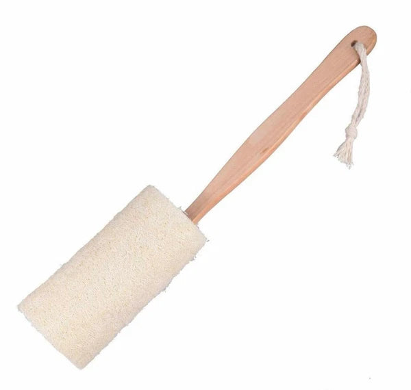 Natural Loofah Bath Brush with Long Wood Handle. Exfoliator. Spa Massager.