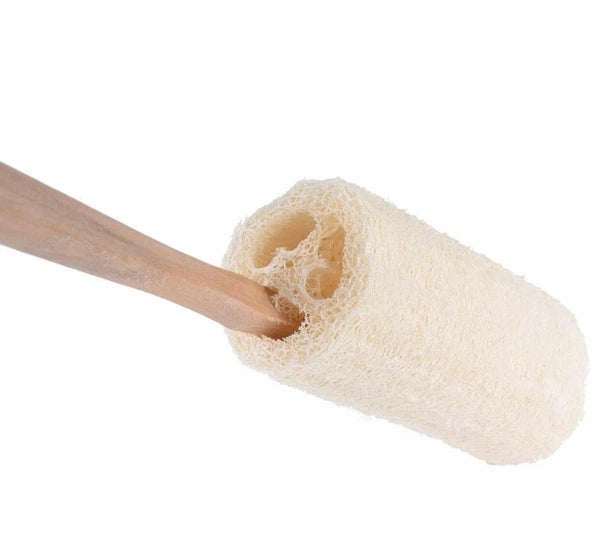 Natural Loofah Bath Brush with Long Wood Handle. Exfoliator. Spa Massager.