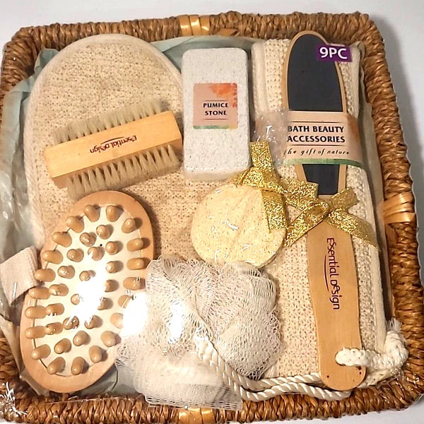 Essential Design 9 pc Luxury Bath Gift Set - Pumice Stone, Loofa, Scrub Brush