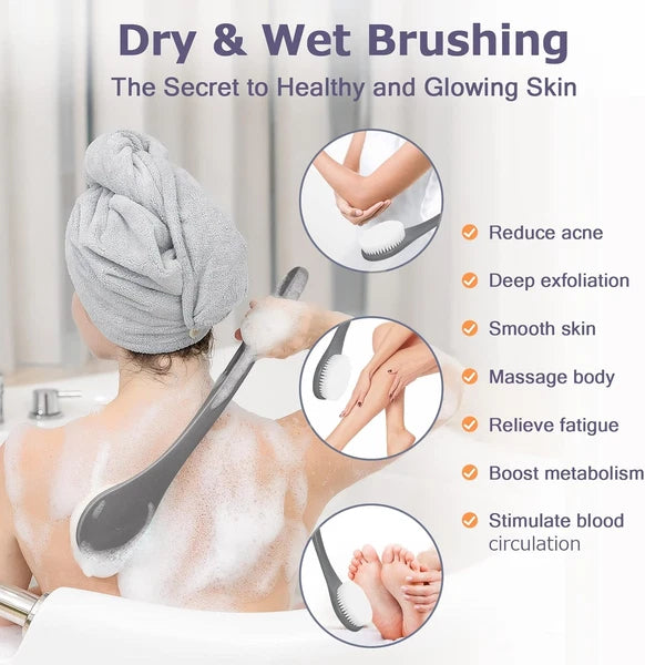 Body Back Scrubber – 17'' Long Handle Shower Brush, Durable Exfoliator for Dry