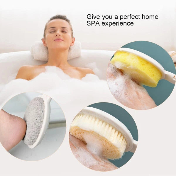 LFJ 19" Long Handle Shower Sponge Brush Set, 3 in 1 Body Brush, Bath Sponge and