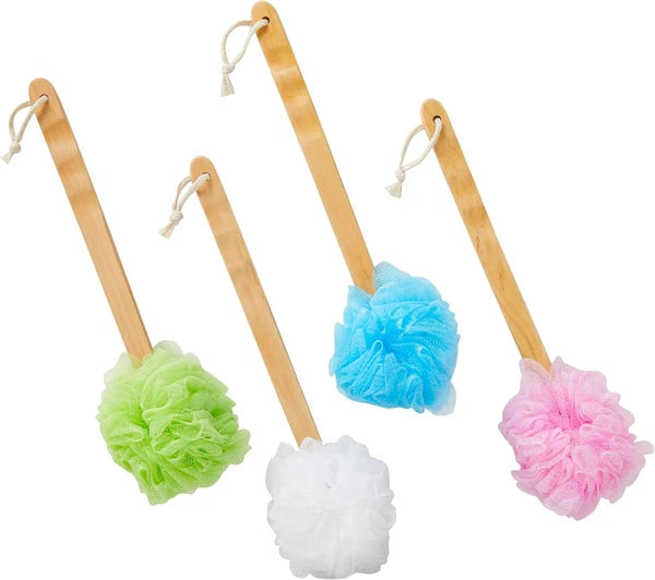 Gentle Bath Scrubber Set - 4 Colorful Loofahs with 16-Inch Handle for Showers