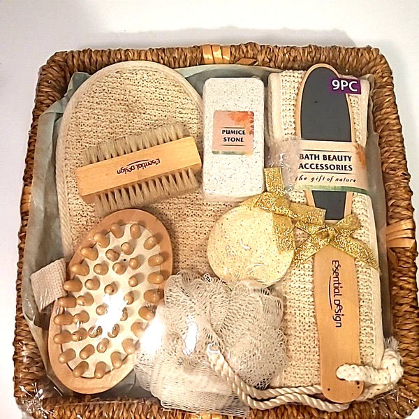 Essential Design 9 pc Luxury Bath Gift Set - Pumice Stone, Loofa, Scrub Brush