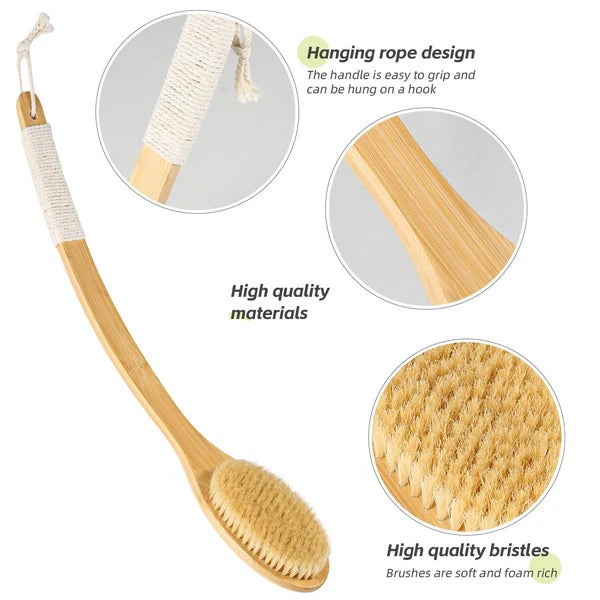 Bath Body Brush Shower 22" Super Long Curved Bamboo Handle Antiskid Back ...
