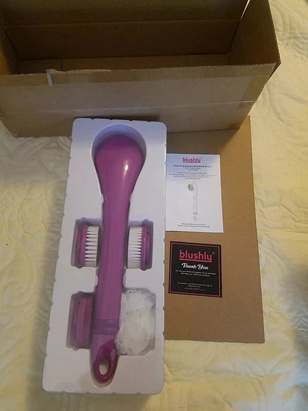 NEW Blushly Cleansing & Exfoliating Body Brush 4 Brush Heads Spa Purple Unused