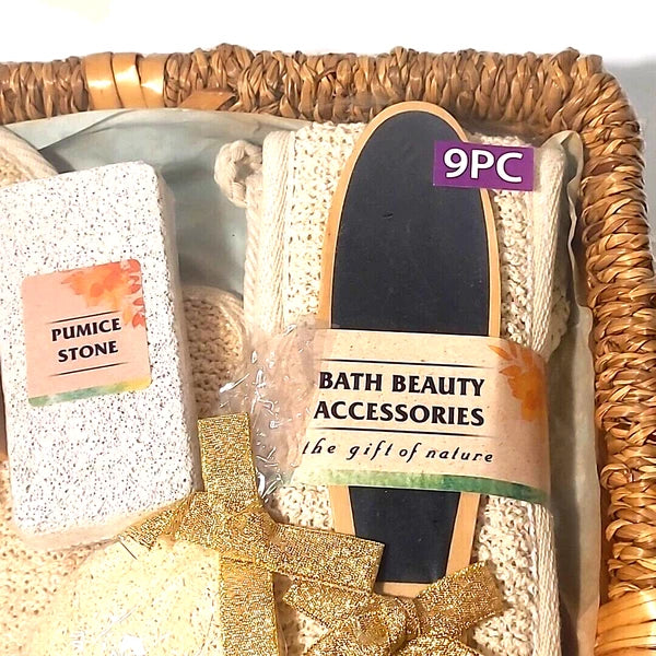 Essential Design 9 pc Luxury Bath Gift Set - Pumice Stone, Loofa, Scrub Brush