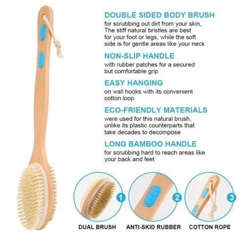 Long Handle Natural Wooden Bristle Bath Shower Body Brush Back Scrubber loofah