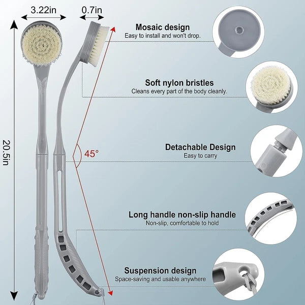 Back Brush Long Handle for Shower, 20.5” Bath Brush, 20.5” Gray, Grey